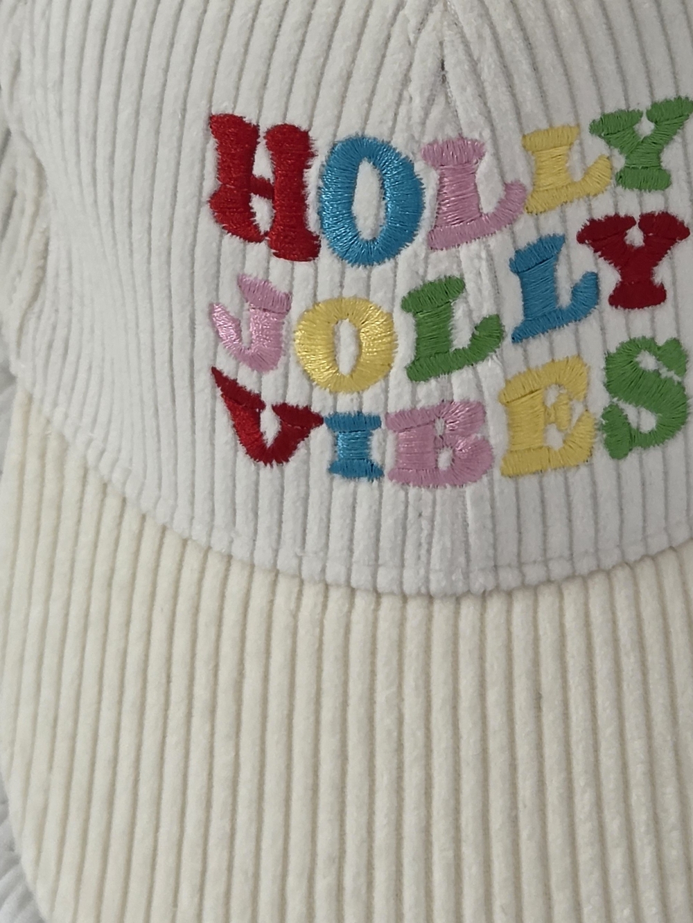 Womens Corduroy Cap with Multicolor 'Holly Jolly Vibes' Embroidery - Picture 2 of 6